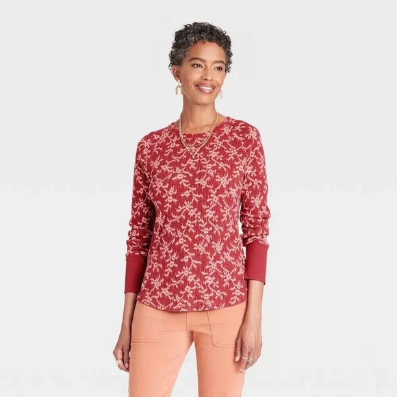 Knox Rose Tops - Knox Rose Top Womens Plus Size 1X Red Floral Long Sleeve Thermal Waffle Knit NWT
